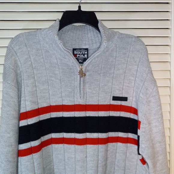 South Pole Mens Size XL Sweater Long Sleeve Gray Red Striped Heavyweight 1/4 Zip - Picture 1 of 16